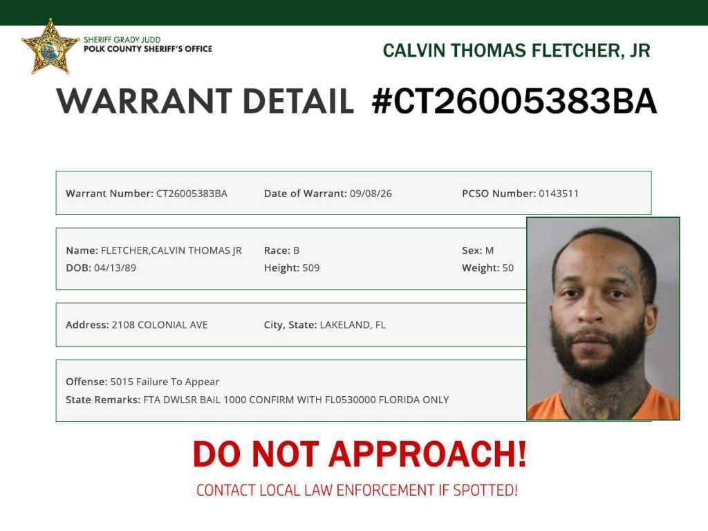 Calvin Fletcher Wanted Fugitive in Lakeland, Polk County Florida